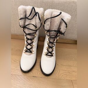 Stuart Weitzman Womens White Shearling Lace-Up Winter Boots